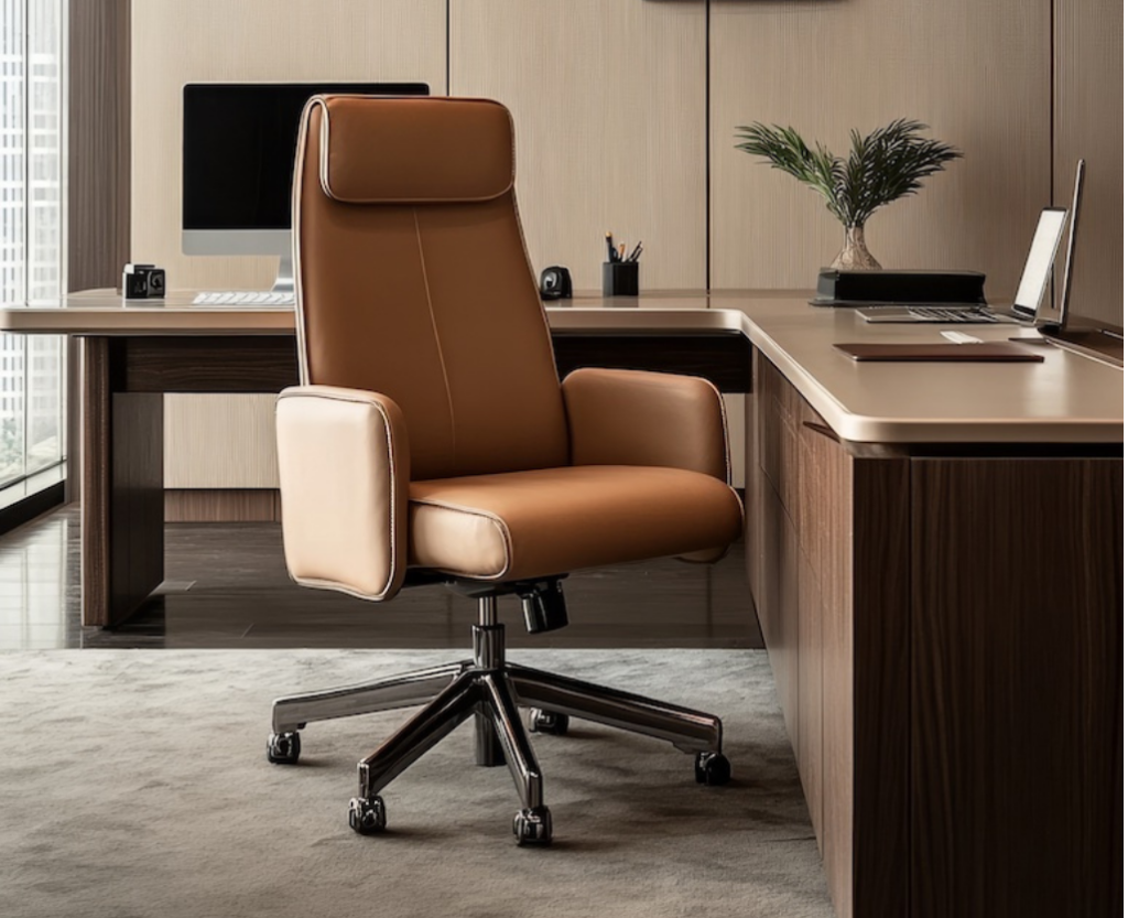 Modern executive office featuring a leather ergonomic chair, sleek wooden desk, and minimalist decor—showcasing high-end FF&E for professional workspaces.