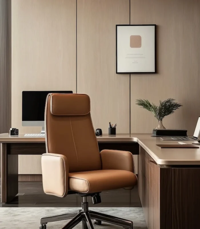 Modern executive office featuring a leather ergonomic chair, sleek wooden desk, and minimalist decor—showcasing high-end FF&E for professional workspaces.
